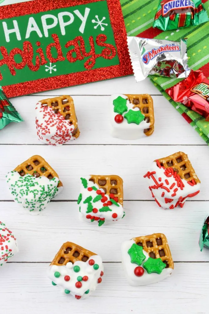 holiday chocolate pretzels made with mini candy bars