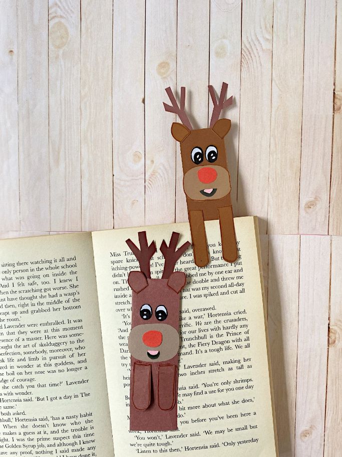 reindeer bookmarks on faux wood background
