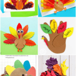 collage of 6 Thanksgiving turkey crafts for kids