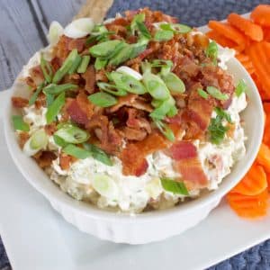 bacon pickle dip in a white bowl