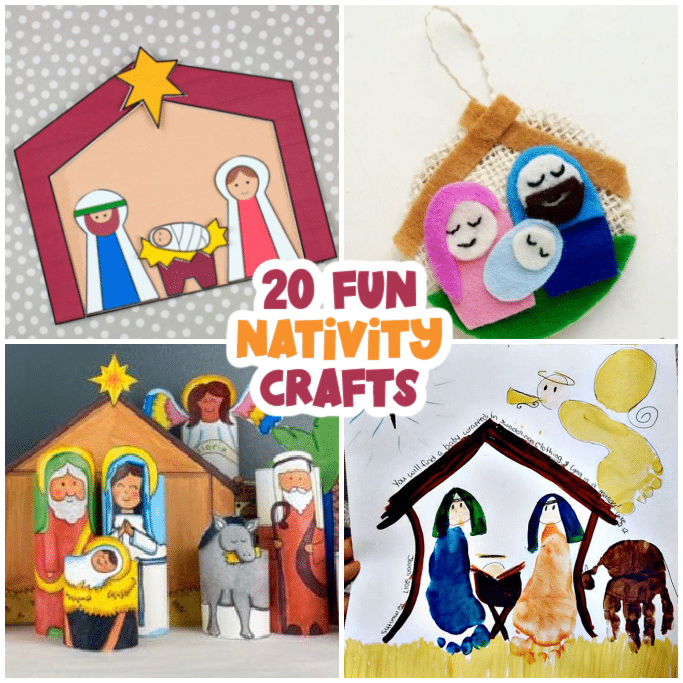 collage of 4 nativity crafts for kids