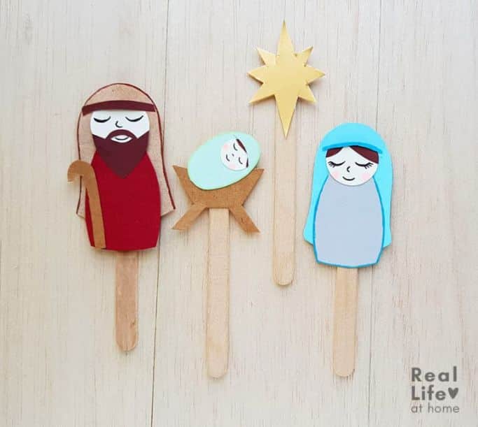 mary, joseph, jesus, and star nativity puppets
