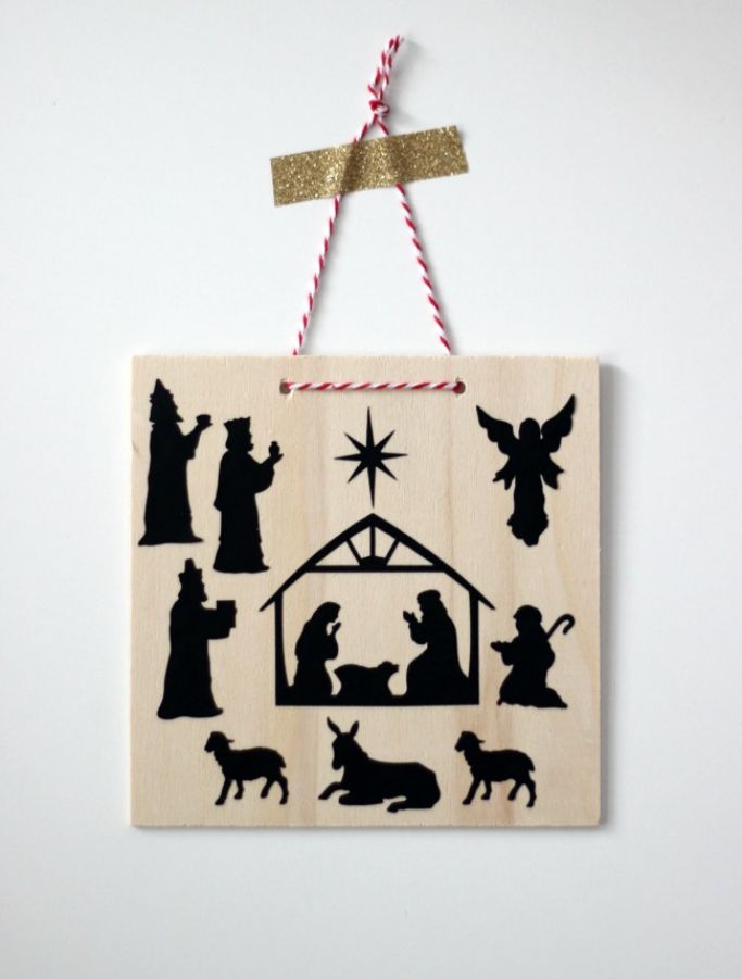 nativity silhouette wall hanging made with wood and vinyl