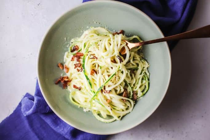 dish of keto carbonara made with zoodles and a cream sauce