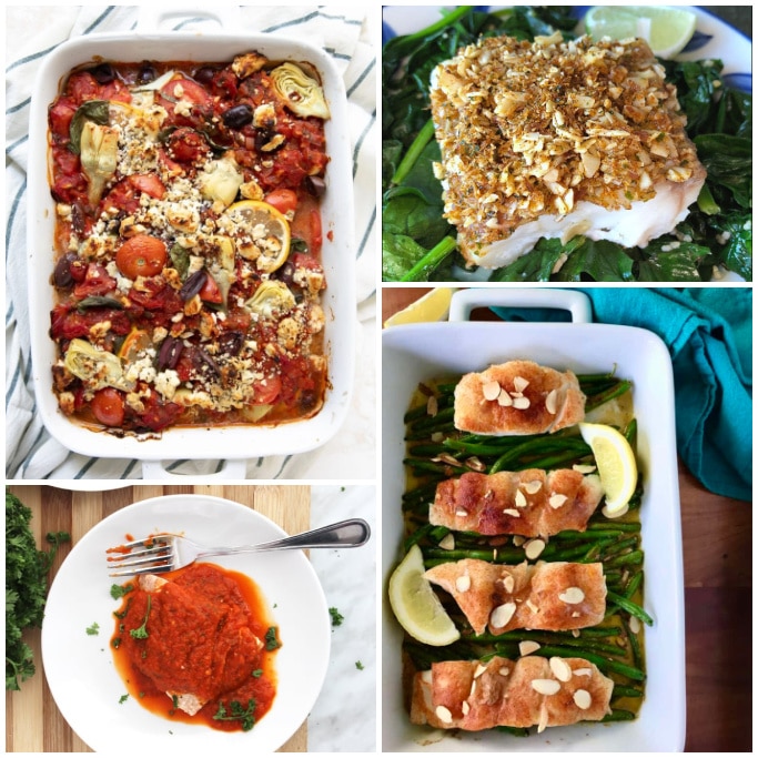 collage of low carb baked fish recipes square