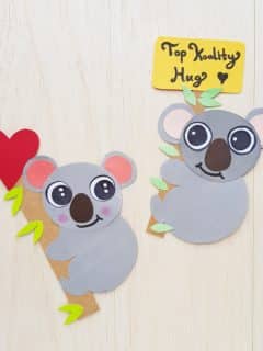 two koalas clutching eucalyptus branches with Valentine's Day messages