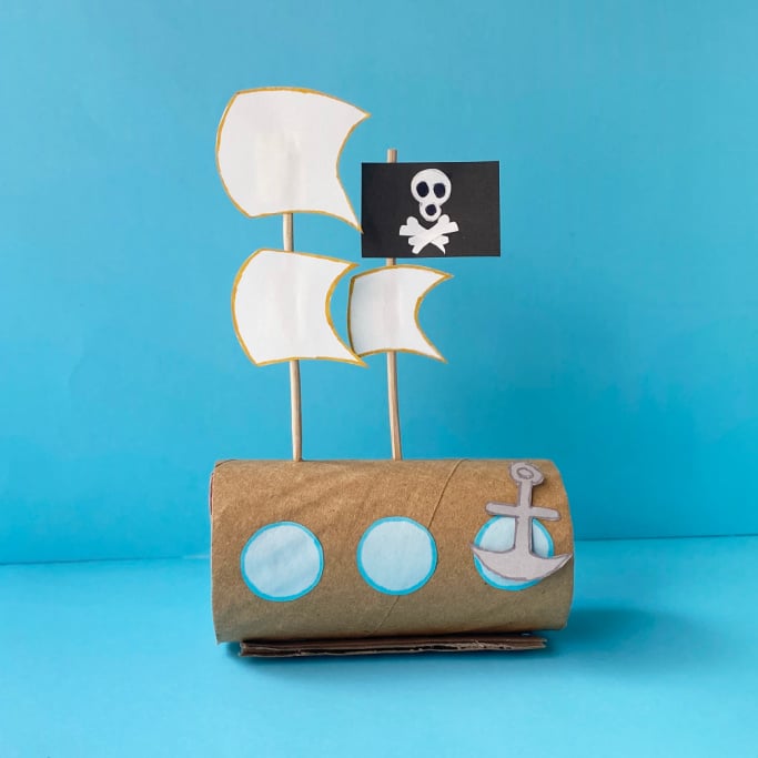 pirate ship kids can make with a toilet paper roll and paper
