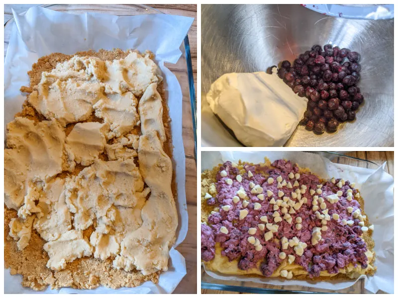 three image collage showing the layers of cookie dough, the ingredients for the cream cheese layer, and the white chocolate chips sprinkled on top
