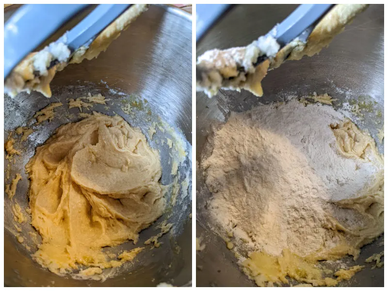 two image collage showing incorporating the dry ingredients into the cookie dough mixture