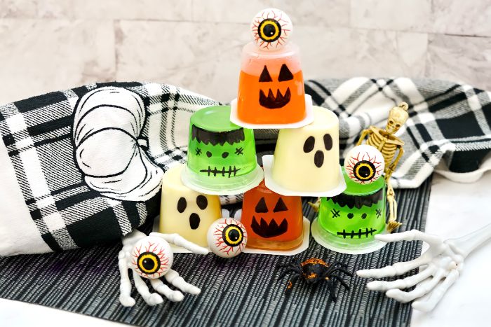 ghost, Frankenstein, and pumpkin jello cups - classroom Halloween snack idea