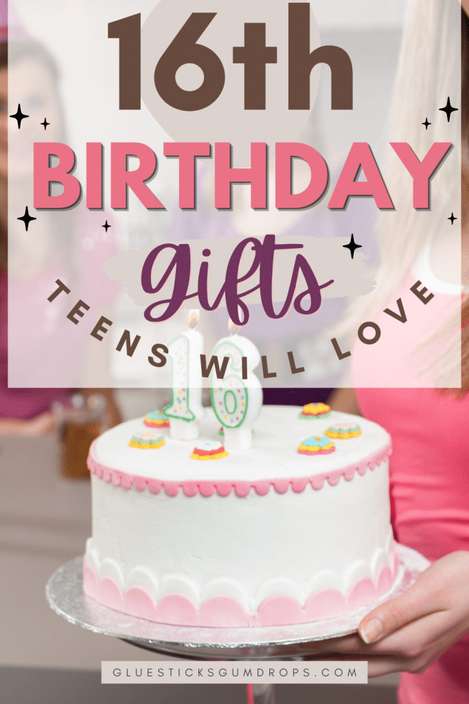 image of 16th birthday cake with text overlay