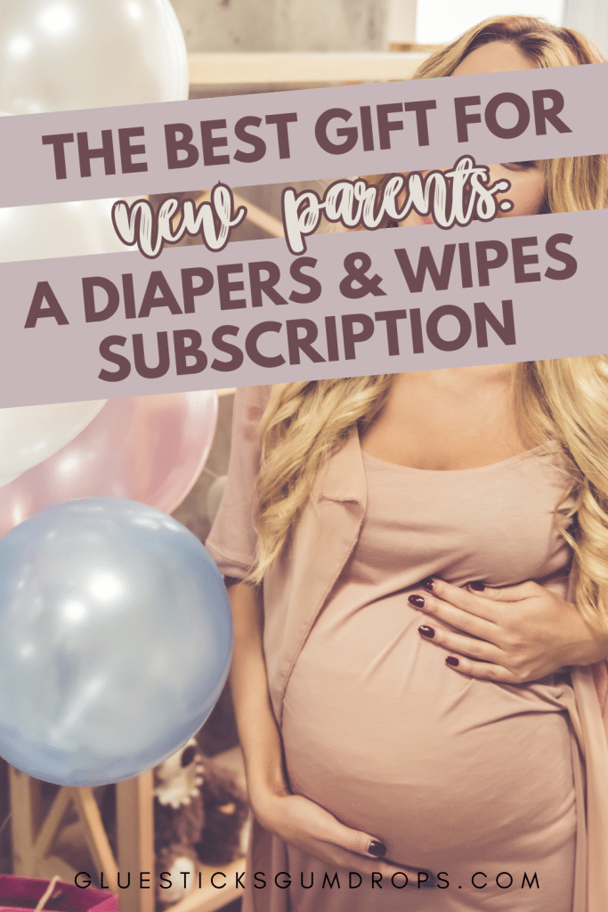 pregnant woman at a baby shower - text overlay about a diapers and wipes subscription
