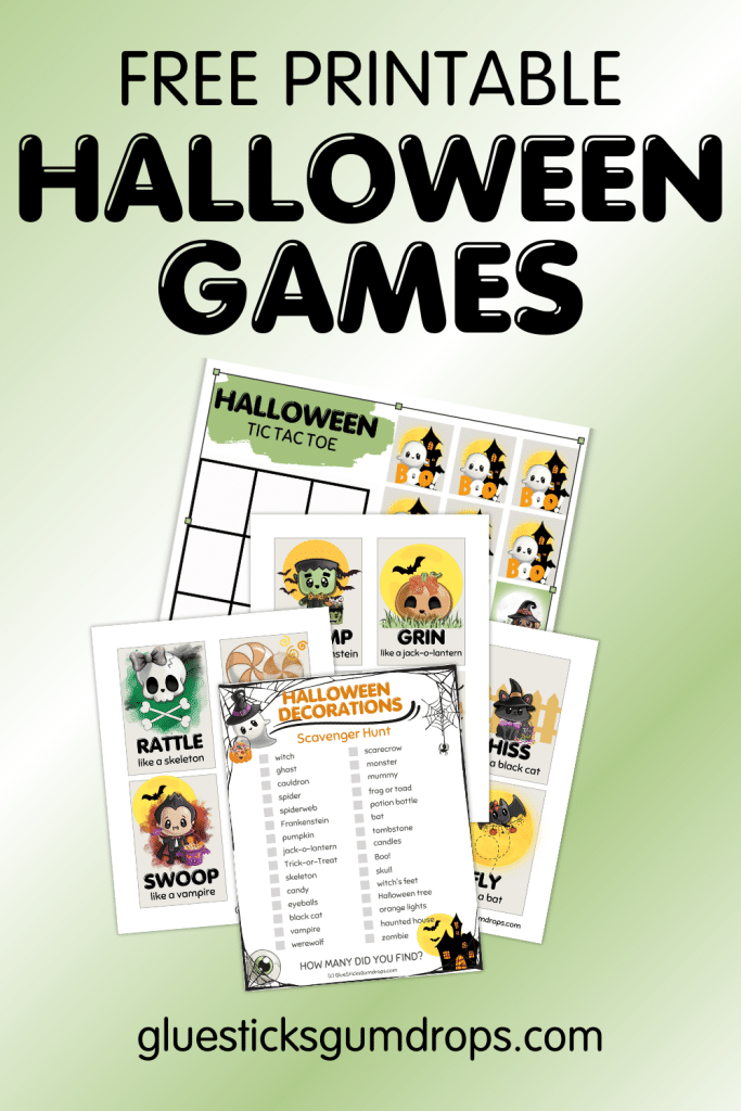 collage of printable halloween games for kids