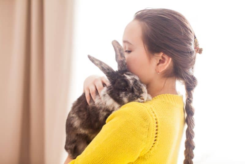 girl holding her pet rabbit