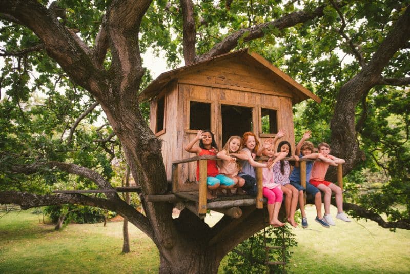 group of kids sitting on treehouse porch