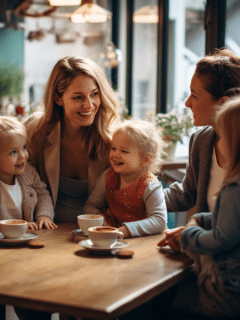 two women having coffee while surrounded by their children