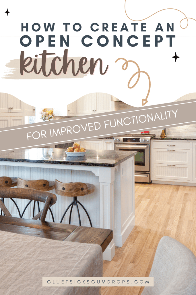 open-concept kitchen with text overlay