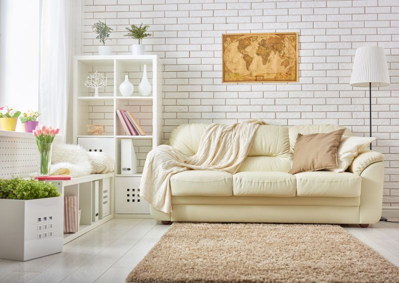 stylish living room white brick cream sofa cube shelves