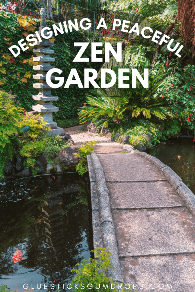 zen garden featuring a bridge and walking path over water