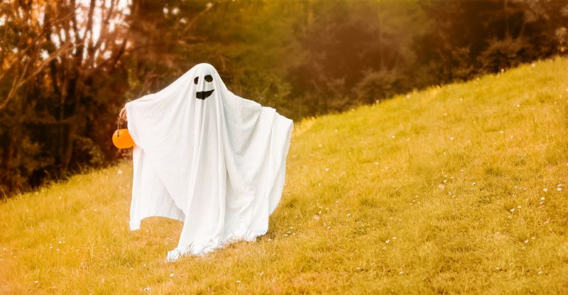 kid in ghost costume on a hill
