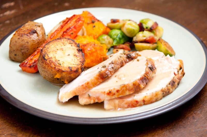 vegetables on plate with roast turkey