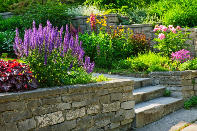 stone landscaping in flower garden