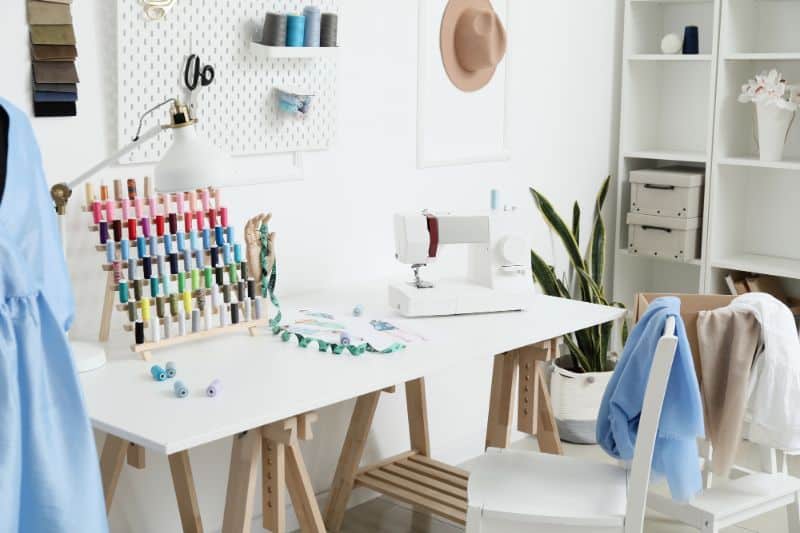 threads organized on sewing room table