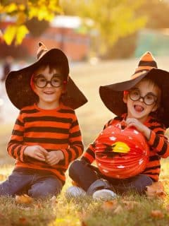 two brothers in grass wearing halloween hats and shirts