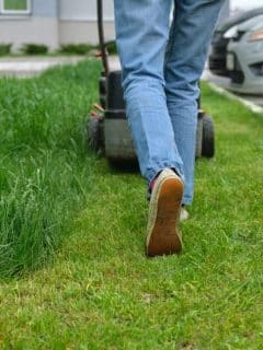 person using a push mower to trim grass