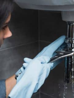 woman fixing leaky pipe under sink