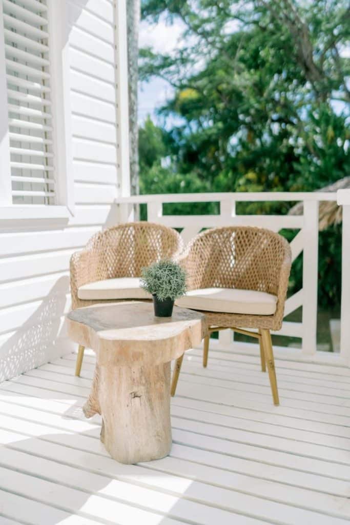 bright outdoor space with wicker furniture