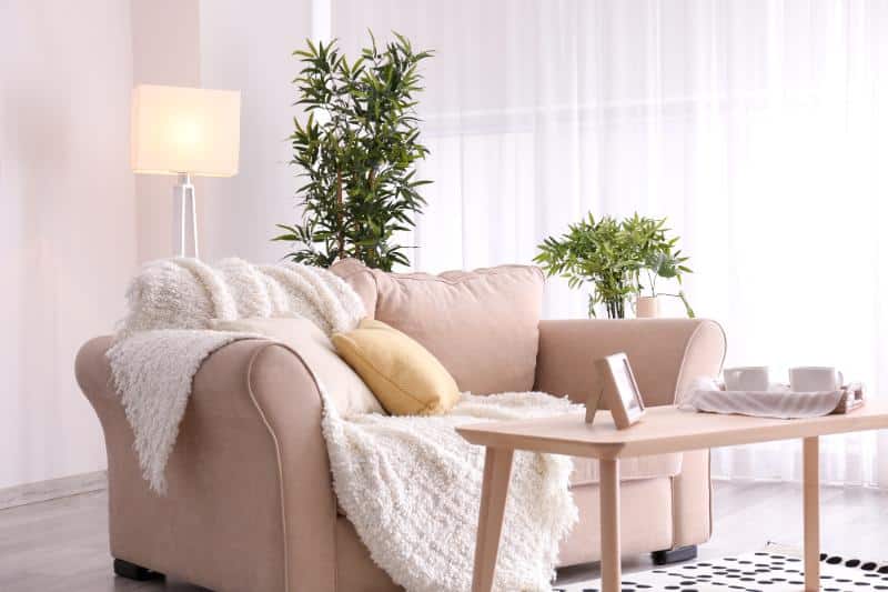 small beige couch with blanket and throw pillows