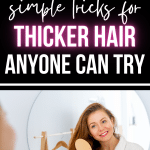 pinterest image of woman brushing thick auburn hair with text overlay that reads 6 simple tricks for thicker hair anyone can try