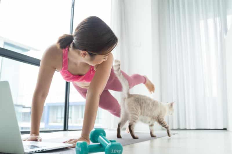 woman exercising while cat gets underfoot