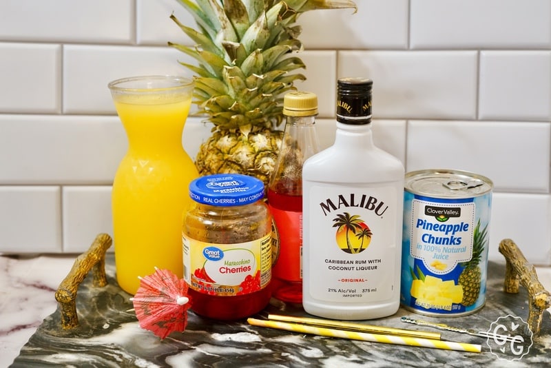 ingredients to make a Malibu Sunset layered cocktail