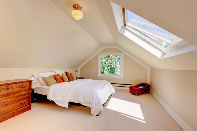 attic bedroom with skylight opened