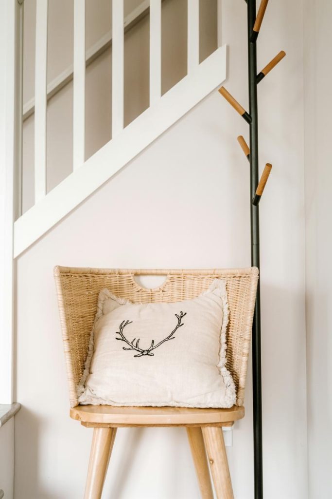 chair with antler pillow in seat and coat rack to the right