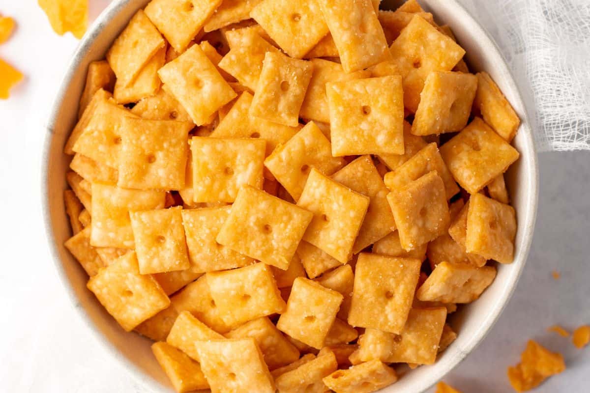 homemade cheese crackers in white bowl
