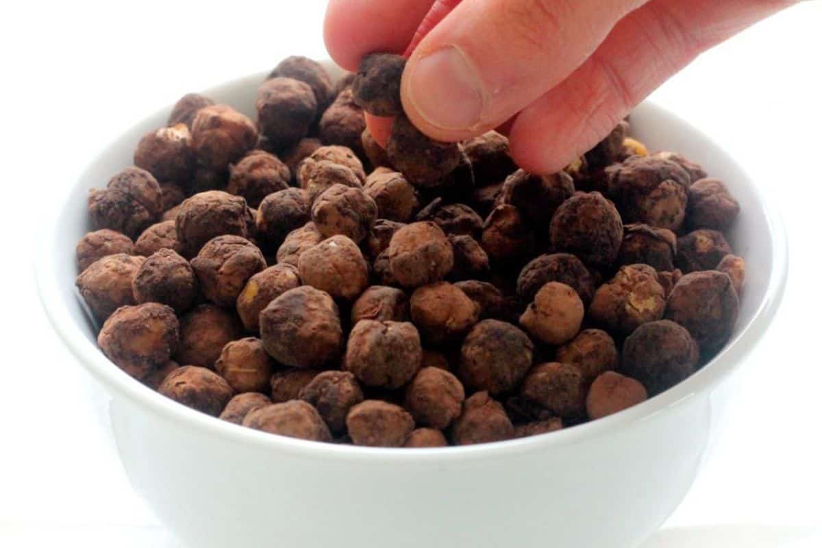 crispy cocoa roasted chickpeas in white bowl
