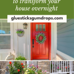 collage of house with bright red door and a landscaped yard on the bottom