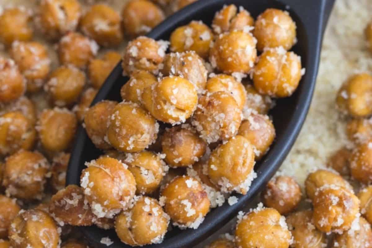italian roasted chickpeas scooped up in spoon