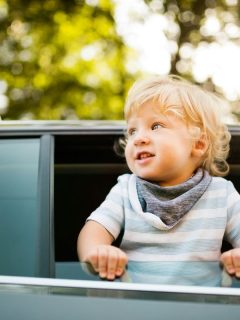 blonde toddler boy hanging out of car window