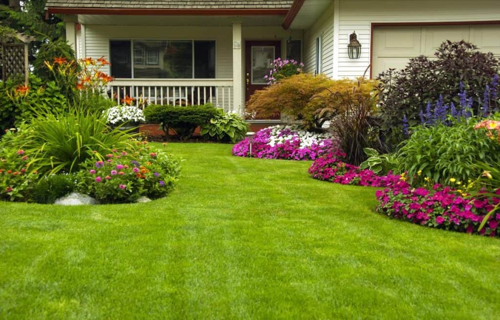 pretty landscaped yard leading up to house