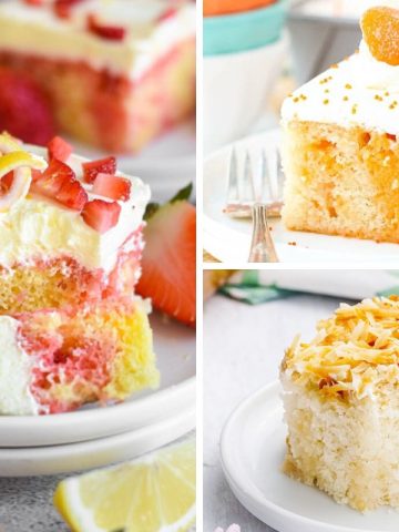 collage of three different poke cake recipes - strawberry lemonade, creamsicle, and coconut