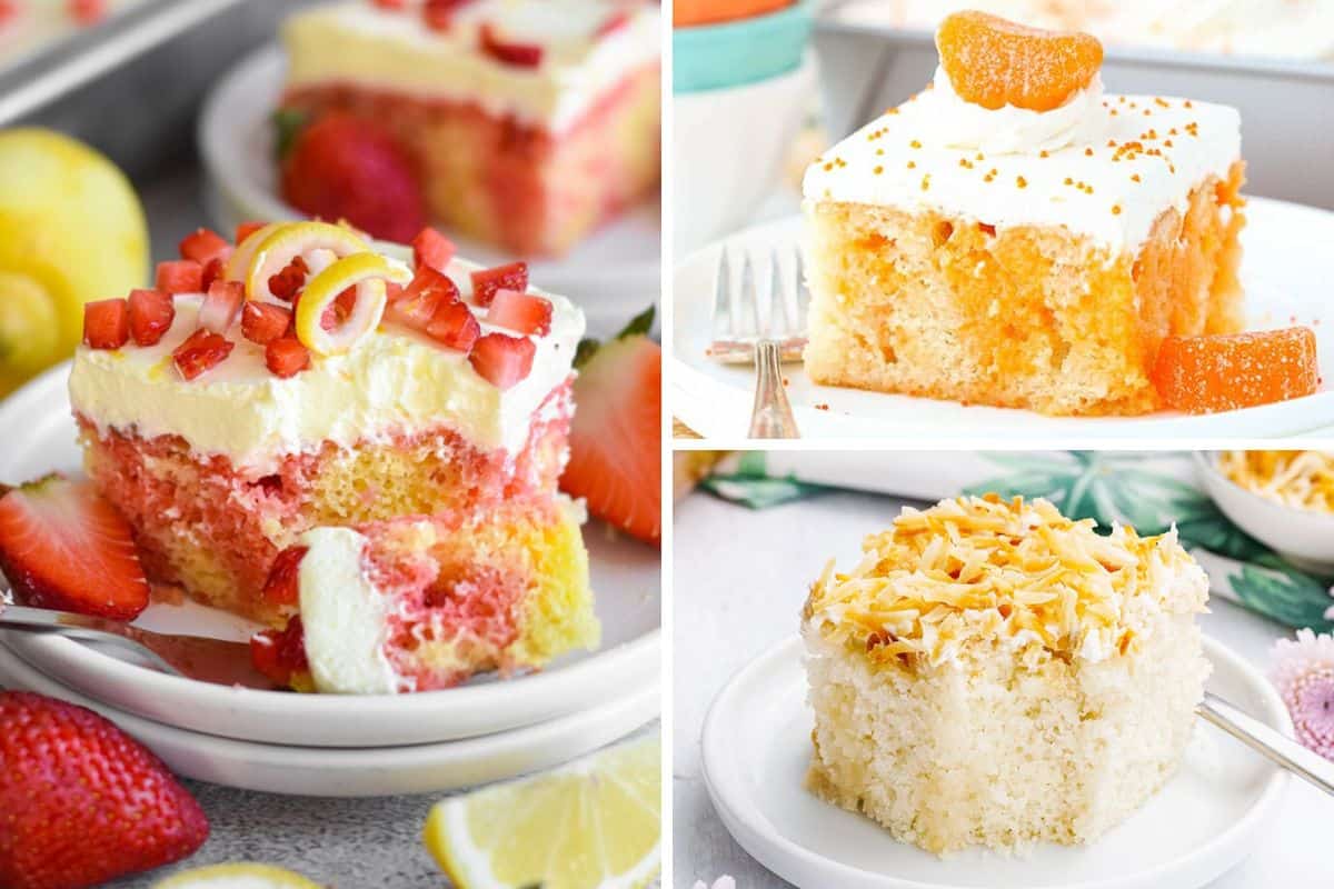 collage of three different poke cake recipes - strawberry lemonade, creamsicle, and coconut