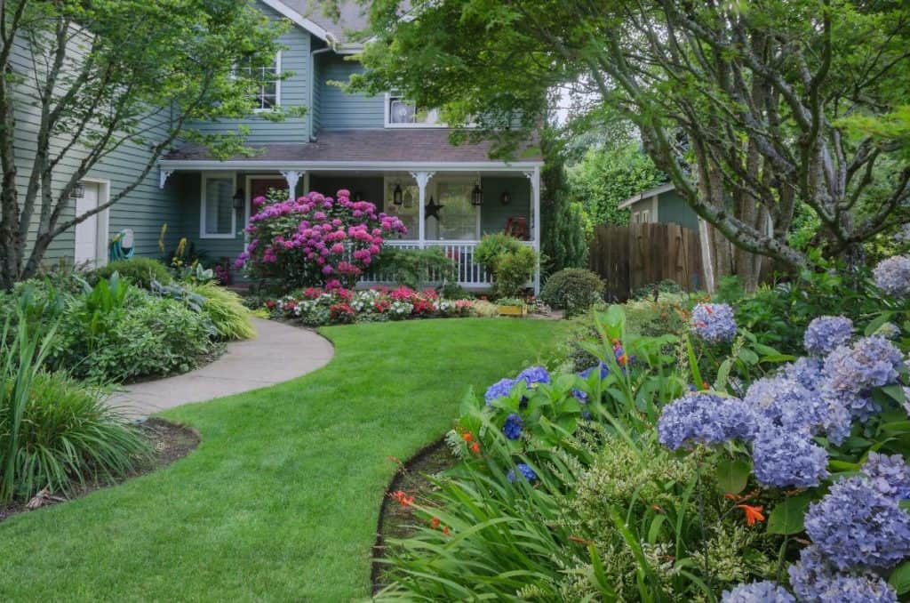 light blue house with gorgeous yard full of flowers, grasses, and small bushes