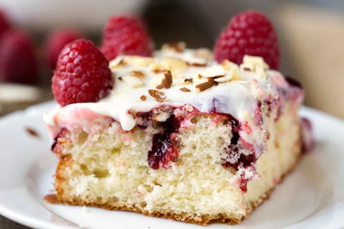 white raspberry almond poke cake