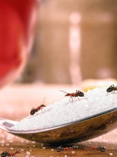 close-up of red ants on a spoon of granulated sugar