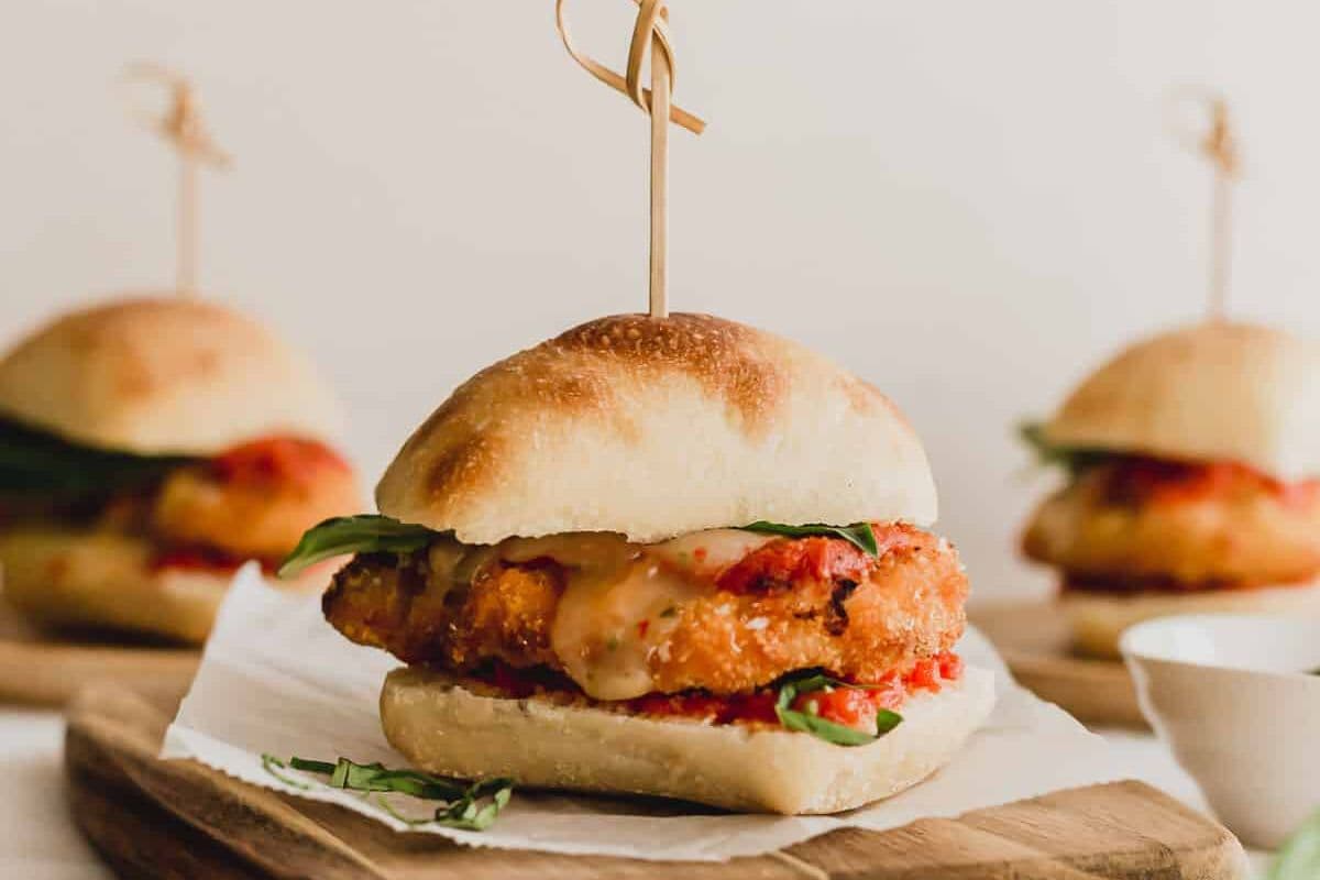 chicken parm sliders with skewers through the middle