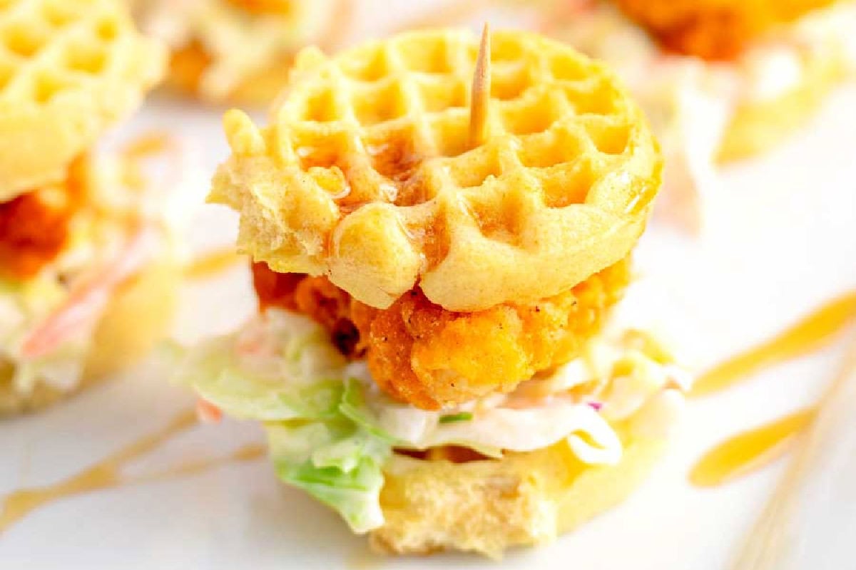 chicken and waffle sliders drizzled with syrup